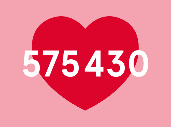 Ett rött hjärta med siffrorna 575430 skrivet i.
