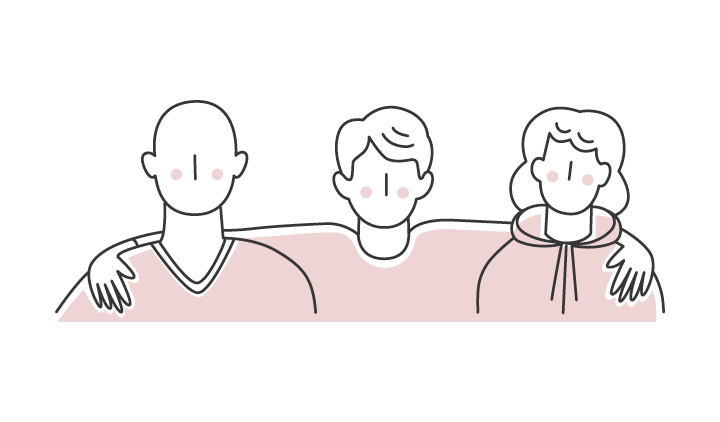 Tre personer som håller om varandra - illustration för gemenskap