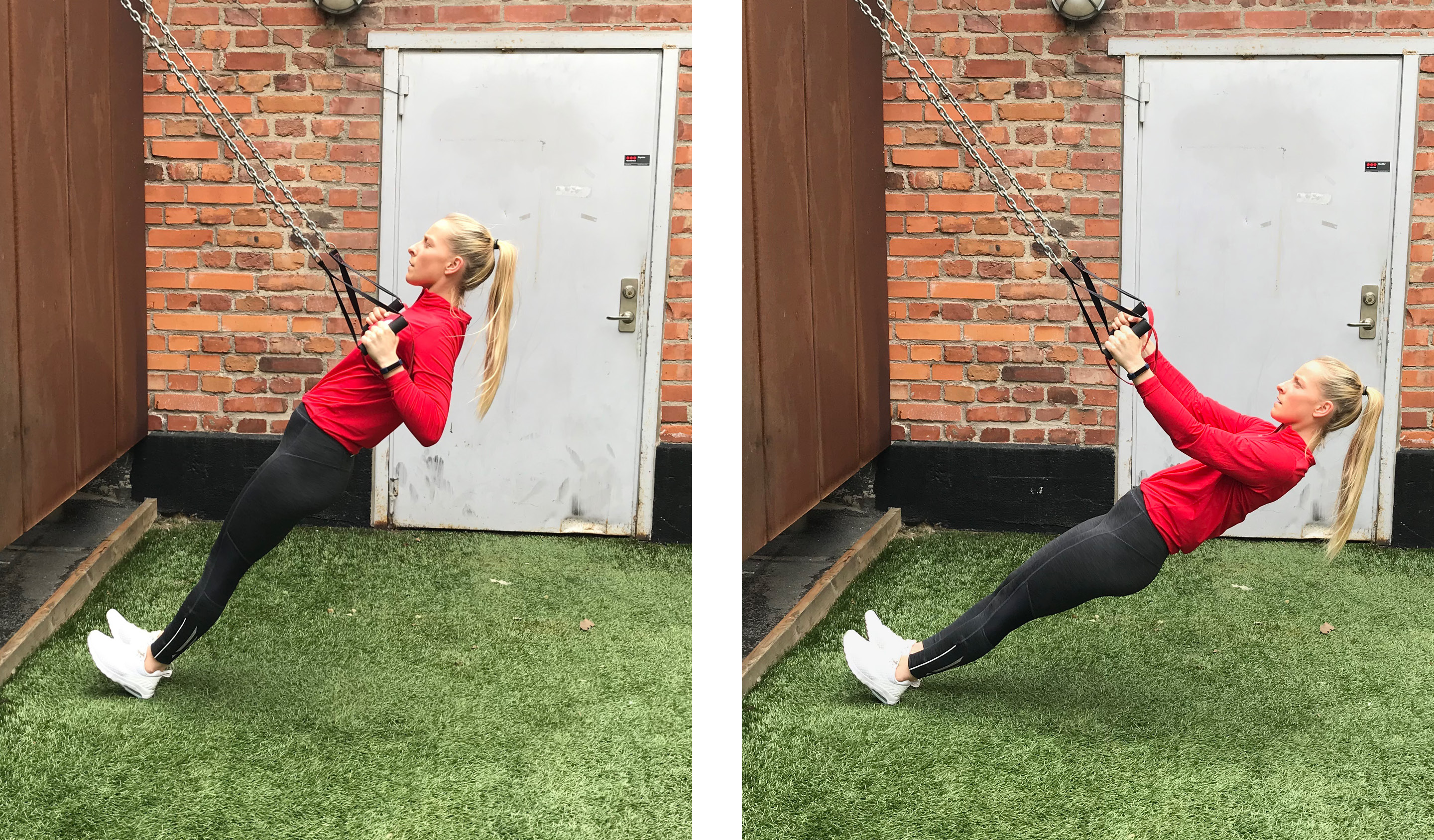Tränare i röd Friskiströja visar ett ryggdrag i två steg med händerna i ett TRX-band.